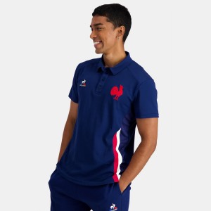 Blue Men's Le Coq Sportif France Rugby FFR Polo Shirts | SG256961 | Singapore